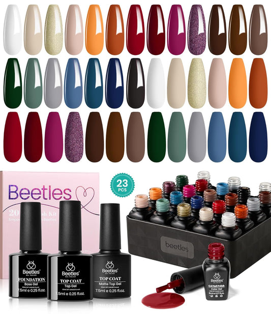 Beetles Fall Gel Nail Polish Kit - 23Pcs Burgundy Red Brown Orange Purple Colors Gel Polish Set Brown Gray Blue Green Soak Off Uv Gel Base Top Coat Gifts for Girls Glowing Attraction | alldaygood beauty