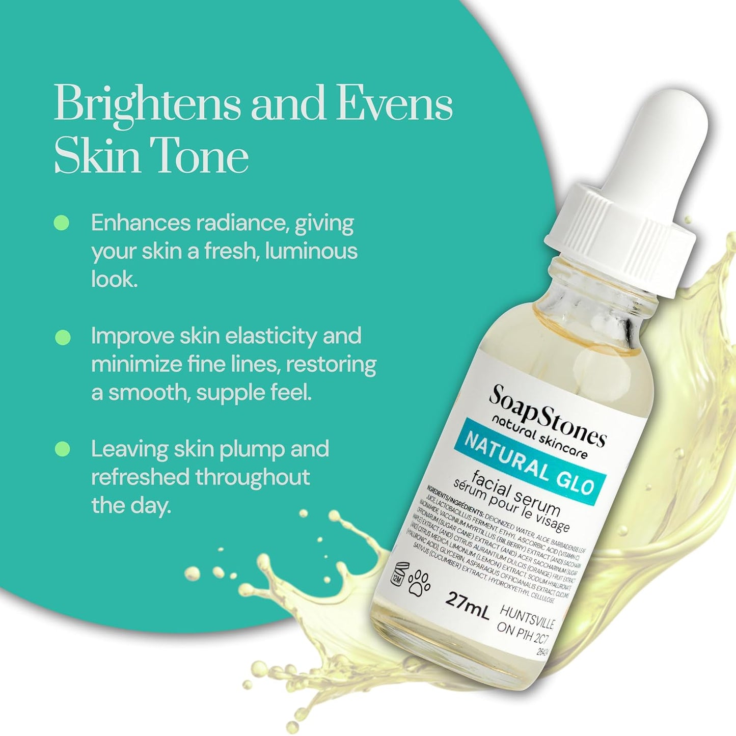 Soapstones Natural Glo Facial Serum - Niacinamide and Hyaluronic Acid Vitamin C Serum - Bilberry, Sugar Cane, Maple, Lemon and Orange Extracts Infused Face Serum