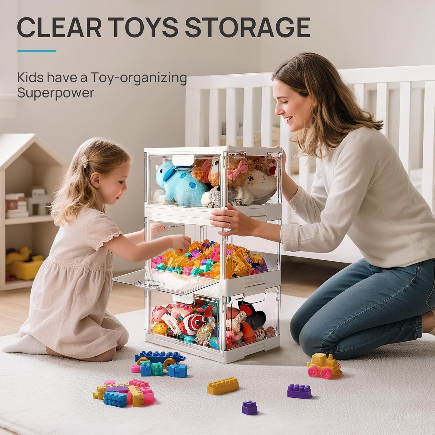 Vtopmart 4 Pack Stackable Storage Bins with Lids,24QT Clear Foldable Closet Organizer with Front-Open Doors,Plastic Storage Containers for Living Room, Bedroom, Craft Room, Dorm Organization