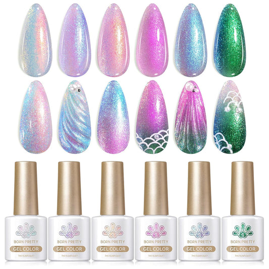 Born Pretty Pearl Gel Nail Polish, Shell Glimmer Shimmer Mermaid Glitter Chameleon Gel Polish Transparent Pearlescent Gel Polish Nail Art Manicure Varnish 6 Colors 7ml Collection Gifts | alldaygood beauty