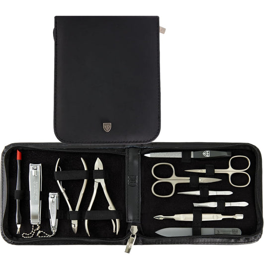 3 Swords Germany - brand quality 12 piece manicure pedicure grooming kit set for professional finger & toe nail care with black genuine leather case - Made in Germany | alldaygood beauty