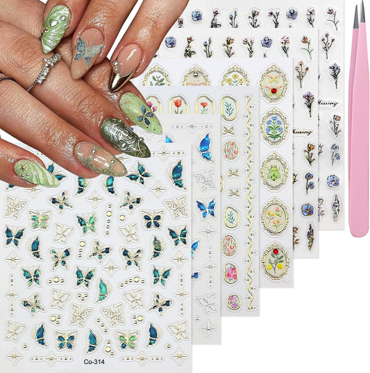 Spring Flower Nail Art Stickers Decals Blue Green Butterfly Nail Decals Self Adhesive 5D Embossed for Women Nails Design Decoraion 3D Flower Mails Stickers Supplies | alldaygood beauty