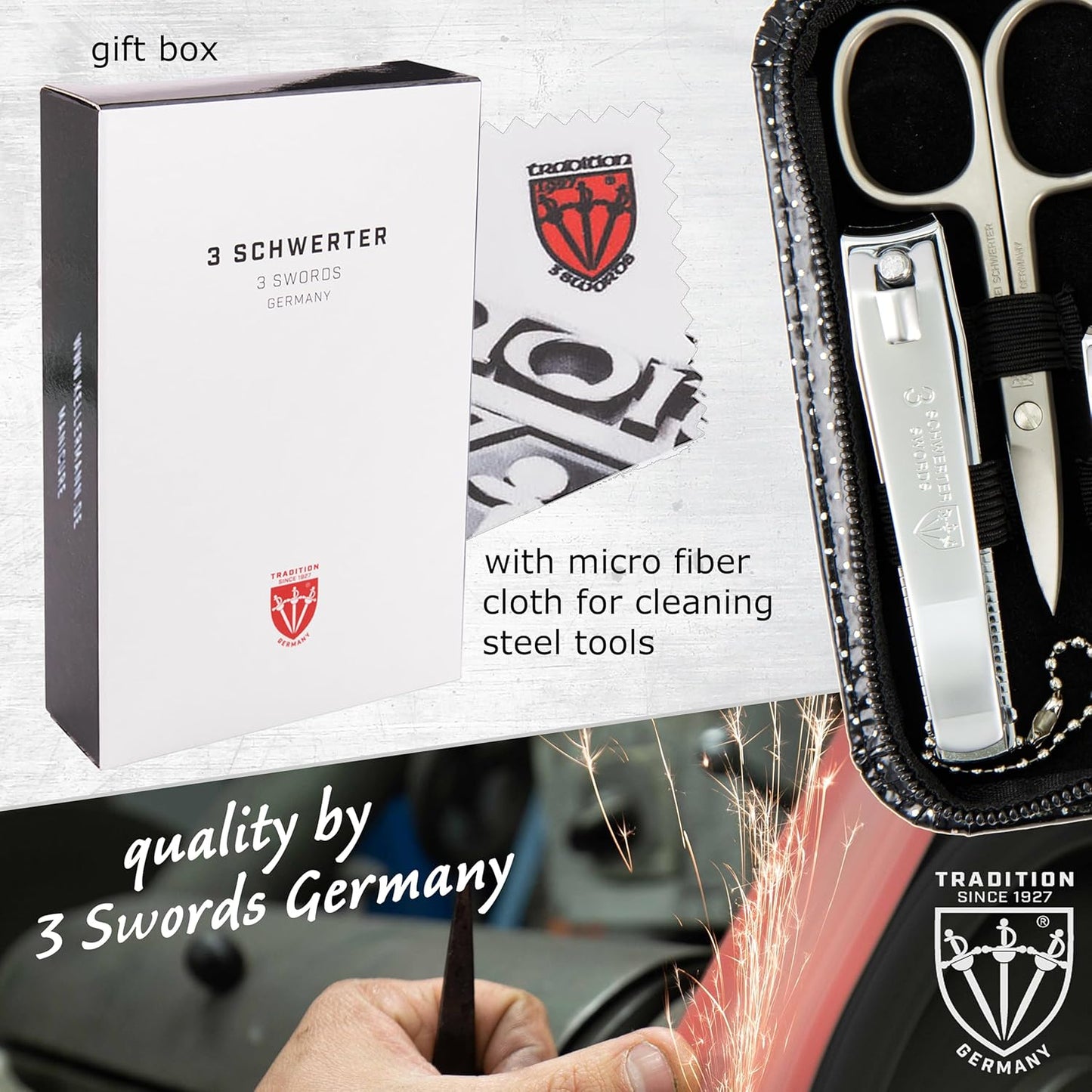 3 Swords Germany – brand quality 8 piece manicure pedicure grooming kit set for professional nail care with synthetic leather case black silver spots - Made in Germany