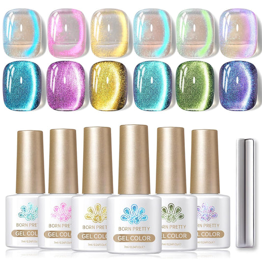 Born Pretty Cat Magnetic Eye Gel Nail Polish Aurora Mermaid Blue Purple Pink Yellow Red Gel Polish Glass Holographic Glitter Gel Nail Polish for Nail Art Manicure Salon DIY 6PCS 7ML | alldaygood beauty