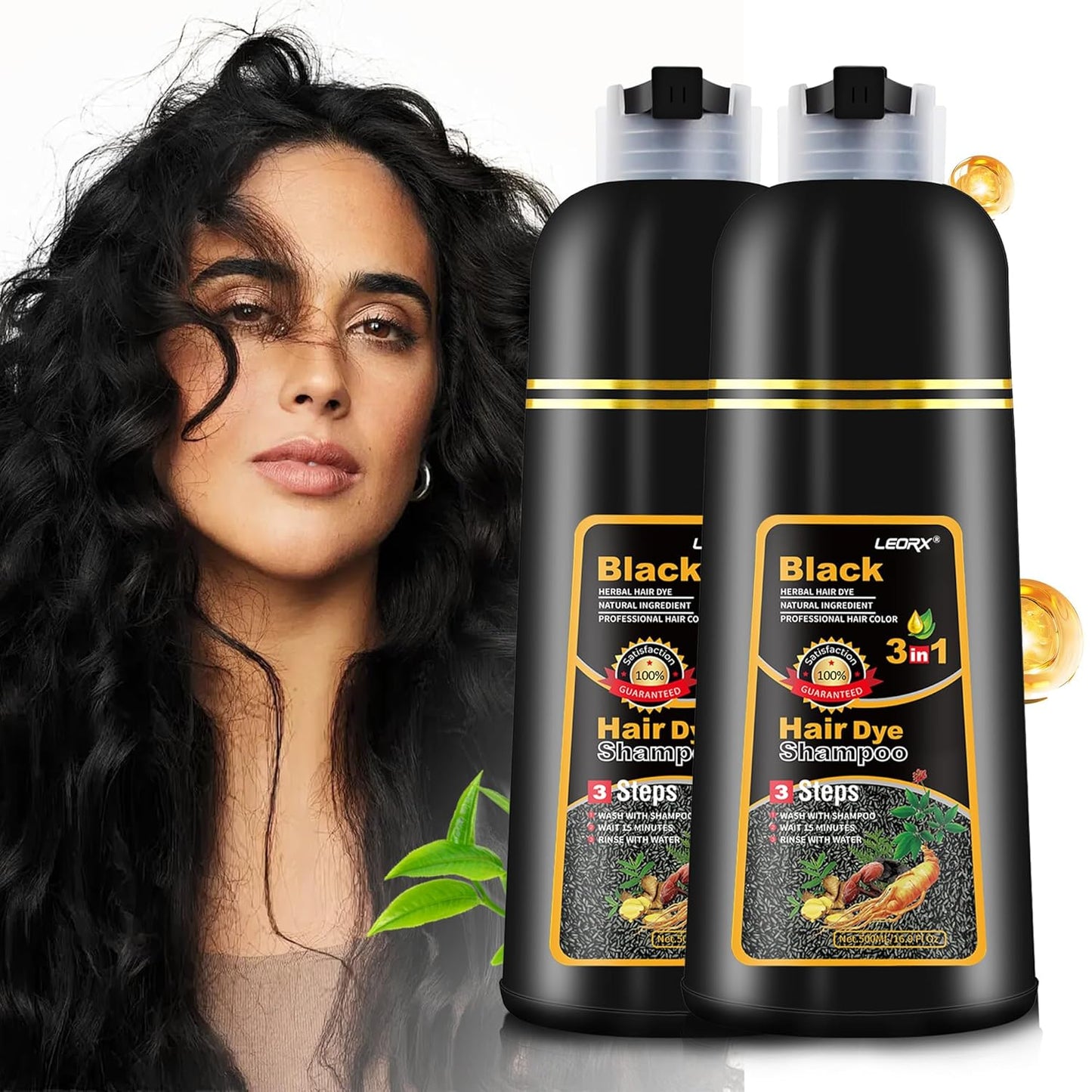 2 Pack Black Hair Dye Shampoo, Leorx 3 In 1 Black Color Shampoo Dye For Gray Hair Instant Herbal Coloring For Women & Men - Tintes Para El Cabello