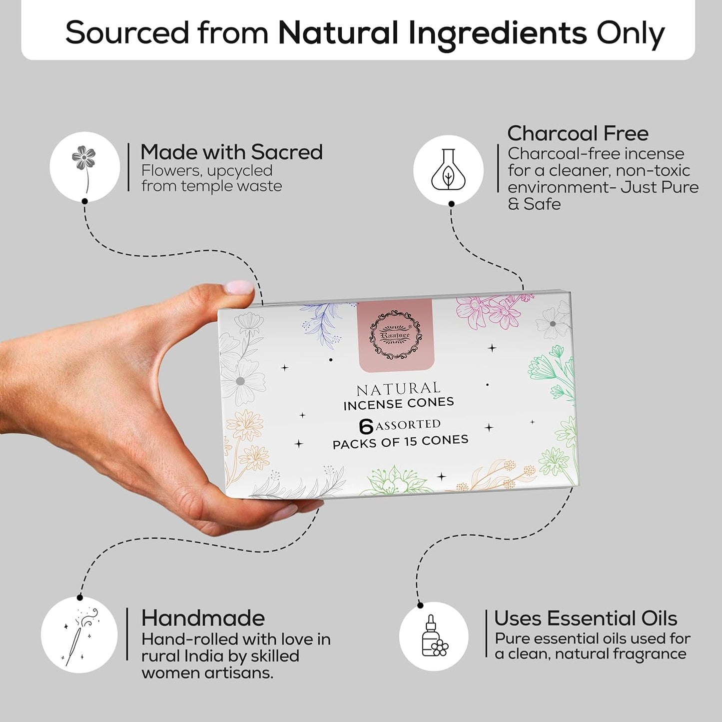 Raajsee Natural Incense Cones,6 Pack Mixed Scents Gift Pack 15 pc Each (90 Total), Insense Cones Variety Pack, 100% Organic Non Toxic Natural - Hand Rolled Free from Chemicals (Pack 3)