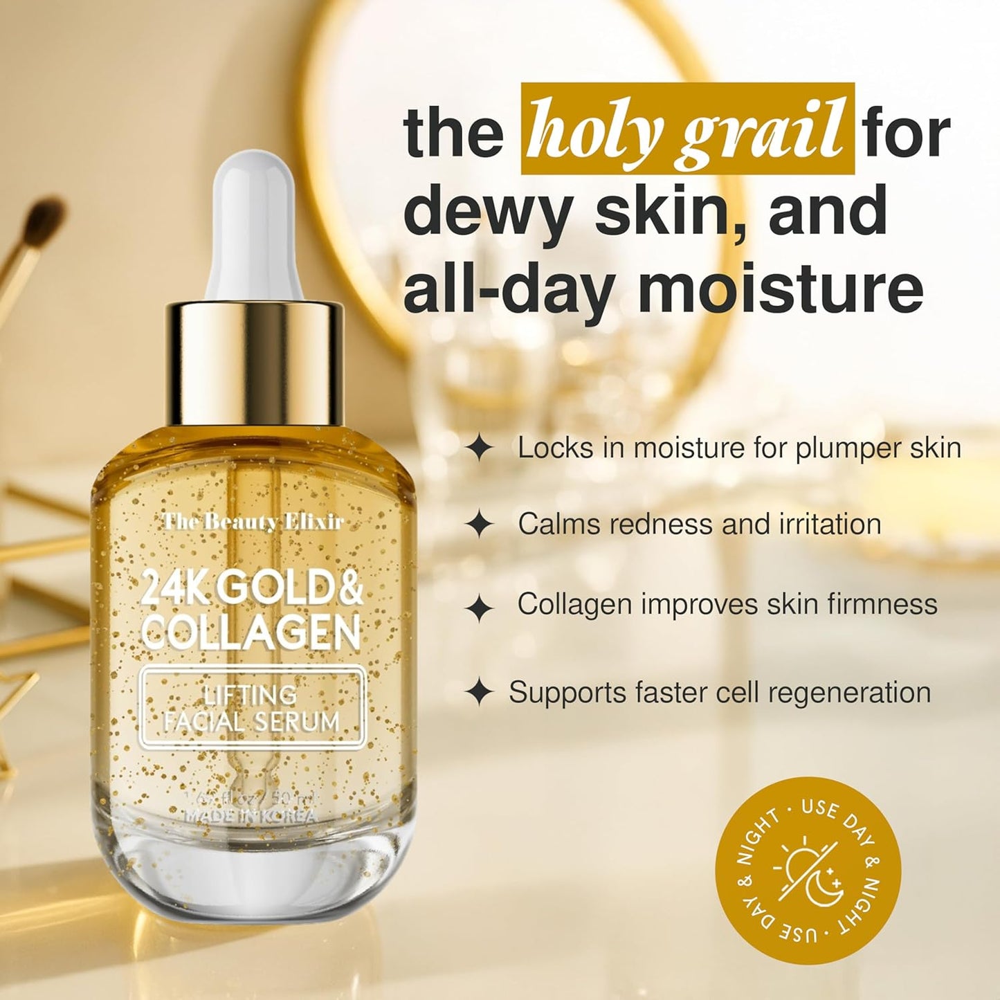 Collagen Serum For Face with 24k Gold - Dermatologist Tested - Anti Aging, Ultra Hydrating, Fine Lines & Wrinkle Treatment - Clean Beauty Korean Skin Care for All Skin Types - 1.69oz