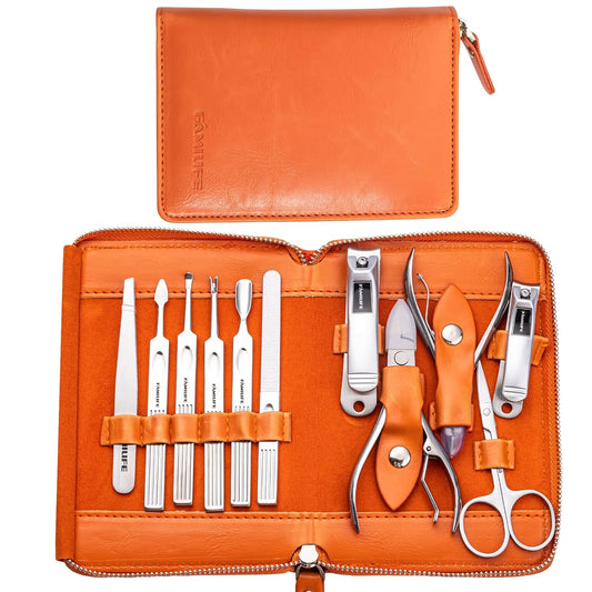 FAMILIFE Professional Manicure Set, Manicure Kit, Nail Clippers Set, 11 in 1 Stainless Steel Orange Pedicure Tool, Nail Kit with Portable Leather Travel Case Luxury Gifts | alldaygood beauty