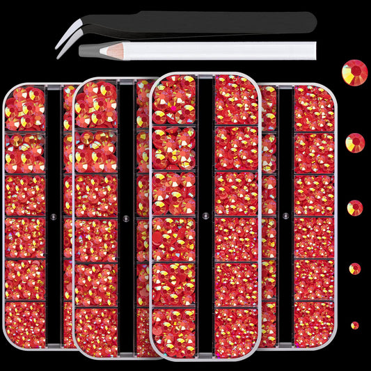 7000PCS Resin Rhinestones with Tweezers for Crafting, 2/3/4/5/6mm Flatback Jelly Rhinestones, 4 Box Red AB Non Hotfix Crystal Gems for DIY Crafts Mugs Tumblers Clothes Makeup Nail