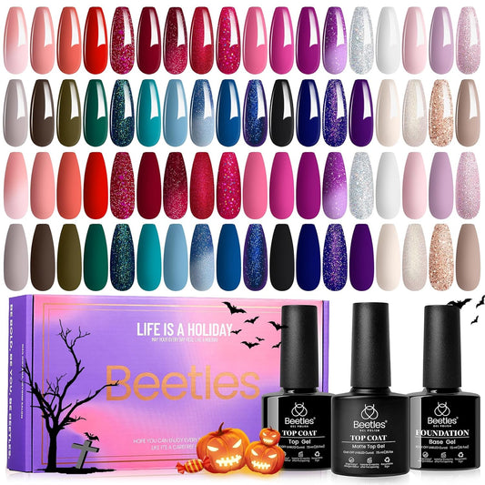 Beetles Halloween Gel Polish Set 39Pcs Red Burgundy Blue Green Nude Pink Purple Gel Nail Polish with Base Matte Glossy Top Coat for Manicure Lovers DIY at Home Gift for Women Enchanted Jewelry | alldaygood beauty