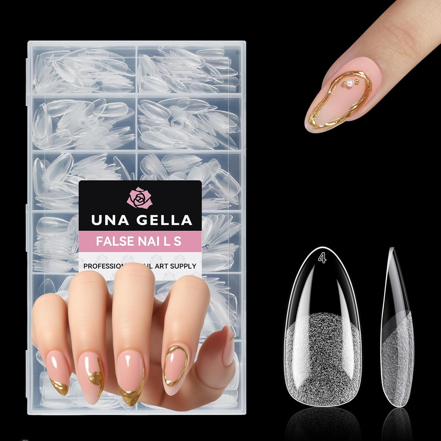 UNA GELLA Medium Almond Nail Tips, 312pcs Almond Gel Nails Tips Shape Pre Etched Full Cover Clear Fake Acrylic Pointed Press On Nails No C Curve for Nail Extension Art DIY Salon 12 Sizes