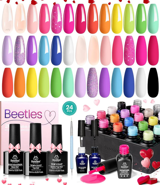 Beetles Summer Gel Nail Polish Set 24pcs Jelly Neon Hot Pink Orange Green Blue Purple Color with White Black Liner Gel Polish and Base Top Coat Nail Art Pen Gifts for Women Fancy Pop | alldaygood beauty