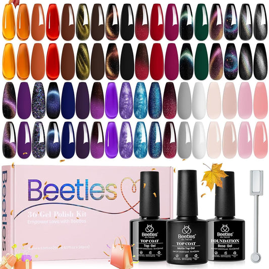 Beetles Cat Eye Gel Nail Polish 39 Pcs Jelly Nail Set Glitter Changing Nail Polish Kit Treasure Box Collection with 3Pcs Base Matte and Glossy Top Soak Off UV Halloween Nails | alldaygood beauty