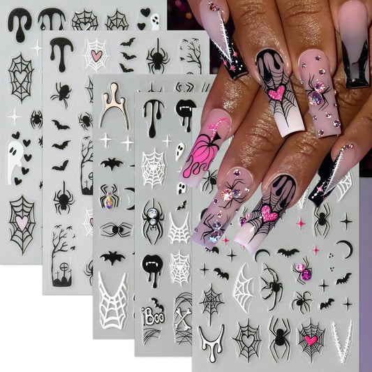 5 Sheet Halloween Nail Stickers 5D Micro Relief Self-Adhesive Cute Ghost Spider Web Nail Decals Ghost Spider Web Skull Bat Nail Design Classic Halloween Decoration for Women Manicure Art Supplies | alldaygood beauty