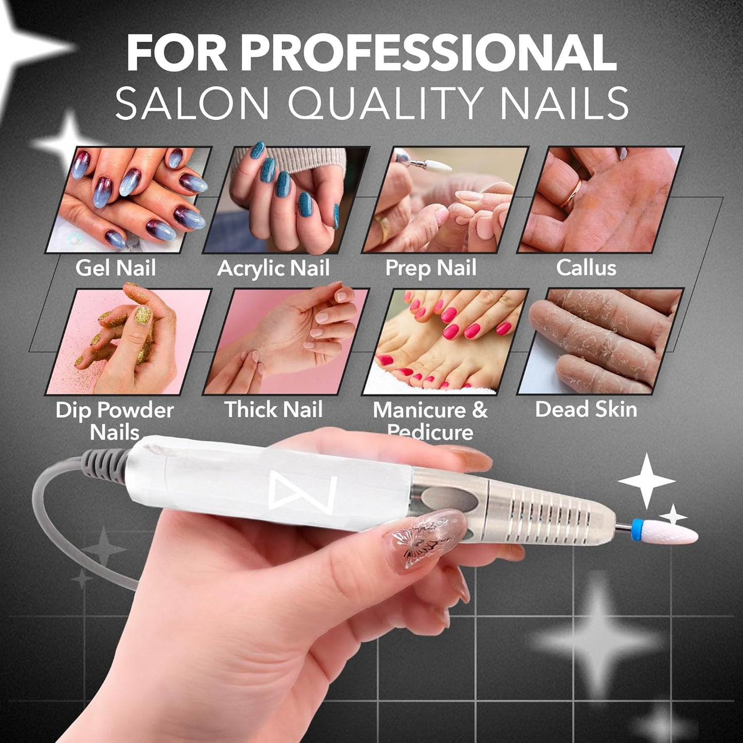 M Max - Nail Drill Professional - 2-in-1 Brushless Motor Nails Drill Machine - Electric, Cordless, Aluminium Alloy Casing, 35000 RPM, HD Display - Perfect for Salon & Home Use (White)