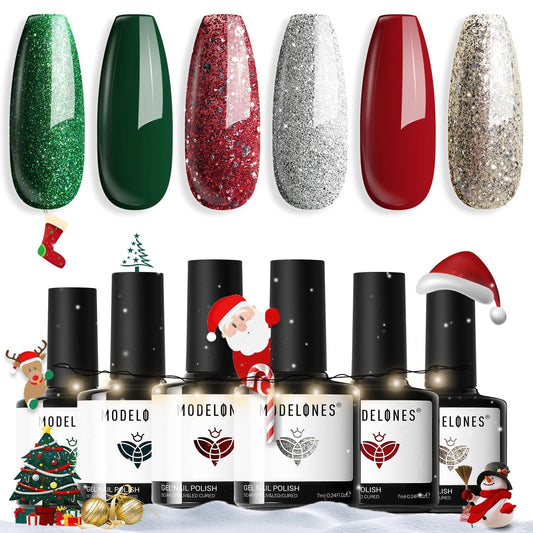 modelones Christmas Gel Nail Polish Set 6 Colors, Winter Sparkle Dark Green Red Glitter Silver Champagne Rose Gold New Year Shades Shopping Gel Polish Ki Soak Off Nail Art Manicure Home Gift | alldaygood beauty