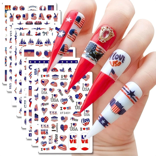 4th of July Nails Stickers for Nail Art - 8 Sheets 3D Self Adhesive Independence Day Nail Art Stickers American Flag Stars Letters USA Nail Decals Fourth of July Design Sticker for Women | alldaygood beauty