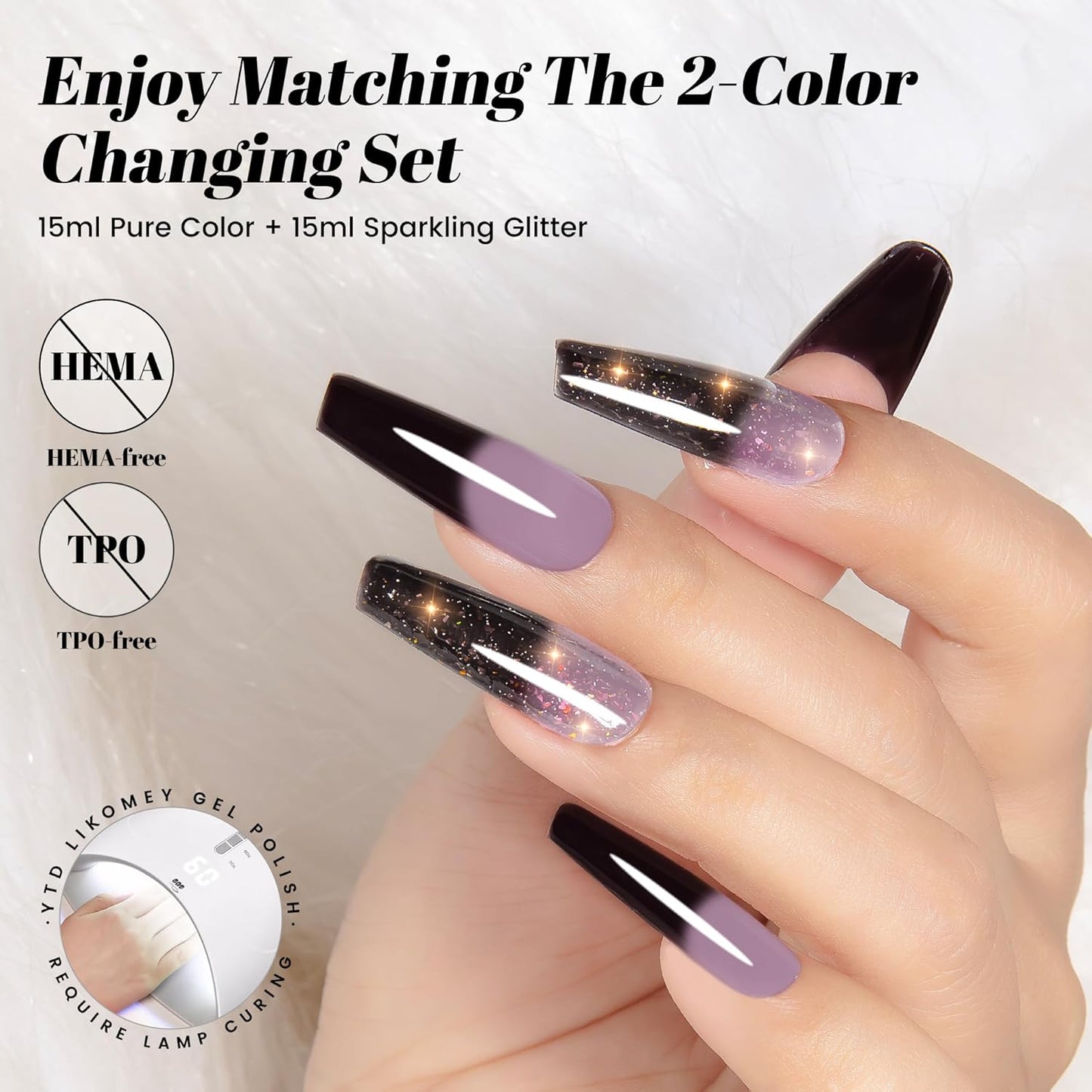 YTD Likomey Color Changing Gel Nail Polish 2 Pcs Set,15ml Grayish Purple to Black Pure Color and Brocade Glitter Kit,Fall Winter Thermal Ombre Change Colors Manicure UV Varnish,2 Pcs 15ml,WB2-05