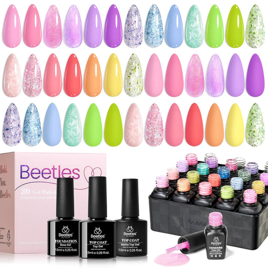 Beetles Gel Nail Polish Set - 28 Pcs Pastel Pink Yellow Green Blue Glitter Macaron Color Gel Polish Set Fluttered Eden Soak Off Nail Polish UV LED Nails Art Halloween Gifts for Women Girl | alldaygood beauty