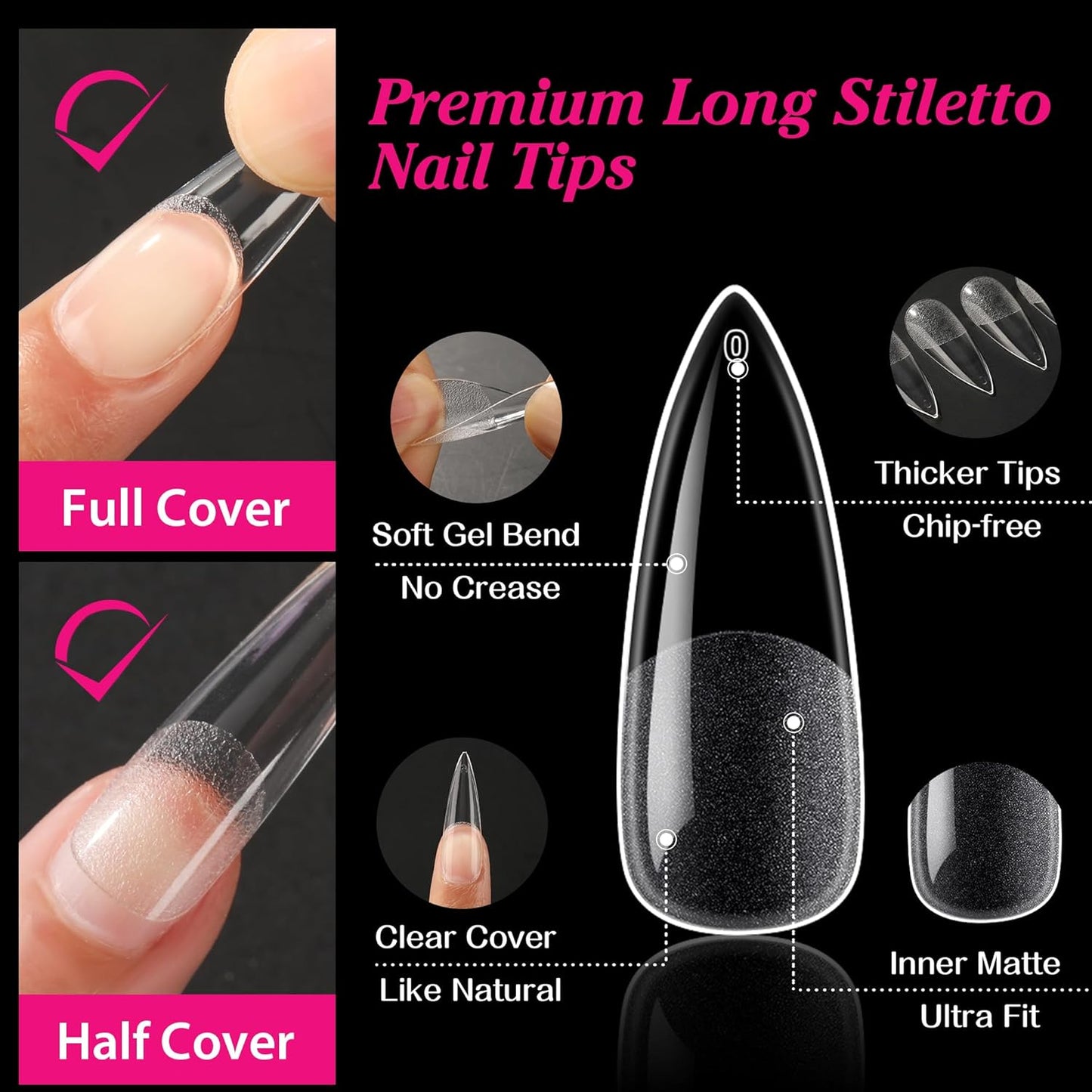 UNA GELLA Long Stiletto Gel Nail Tips Halloween Full Cover 504PCS Pre-shape Long Stiletto Almond Fake Clear Nails Tips No Need File Gel Tips No C Curve for Nail Extension DIY Art Salon 12 Sizes