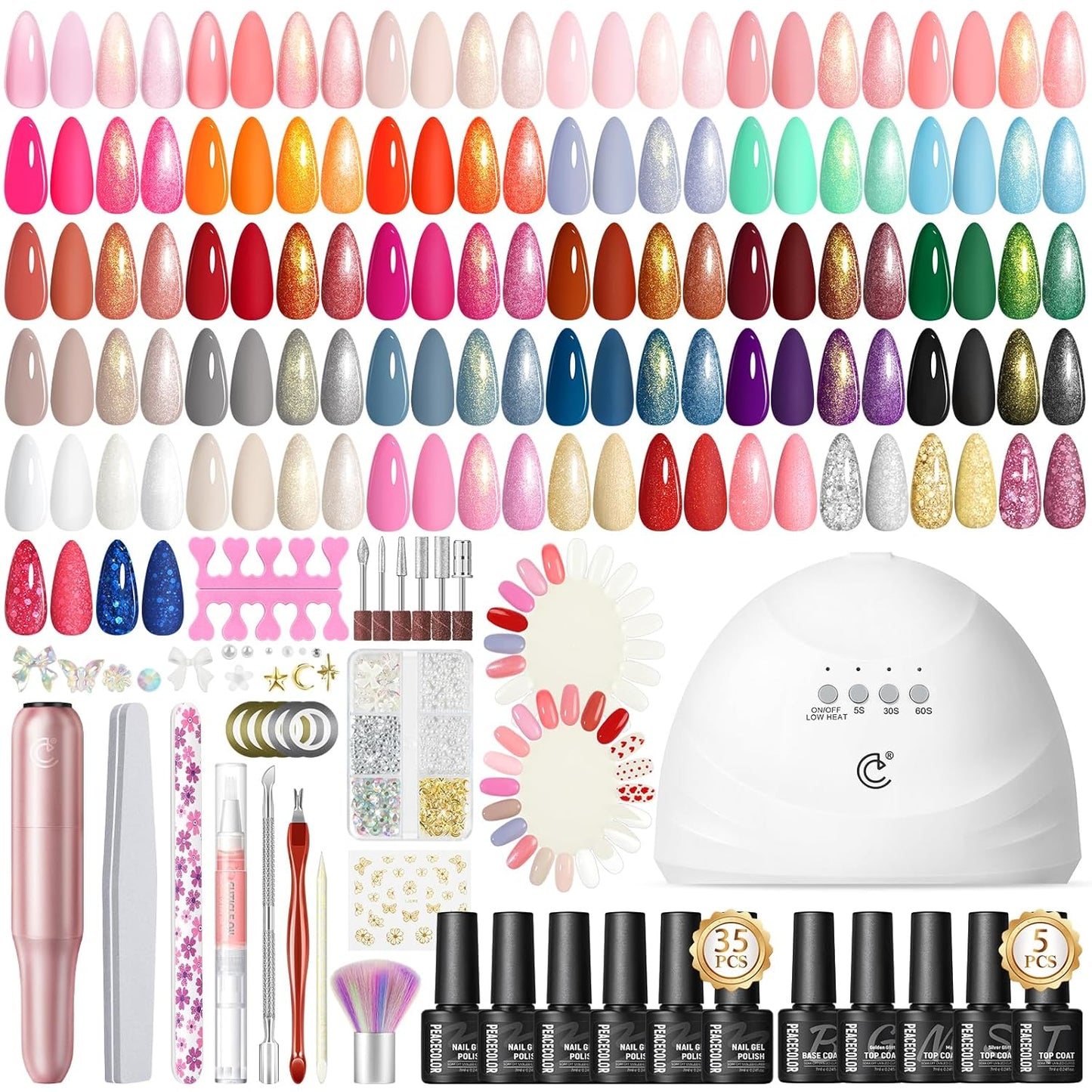 Peacecolor 59PCs Gel Nail Polish Kit with U V Light and Drill 35 Colors Gel Polish Kit with 5PC Matte/Glossy/Glitter Top Base Coat Nail Art Rhinestone Stickers Manicure Kit Gifts for Women
