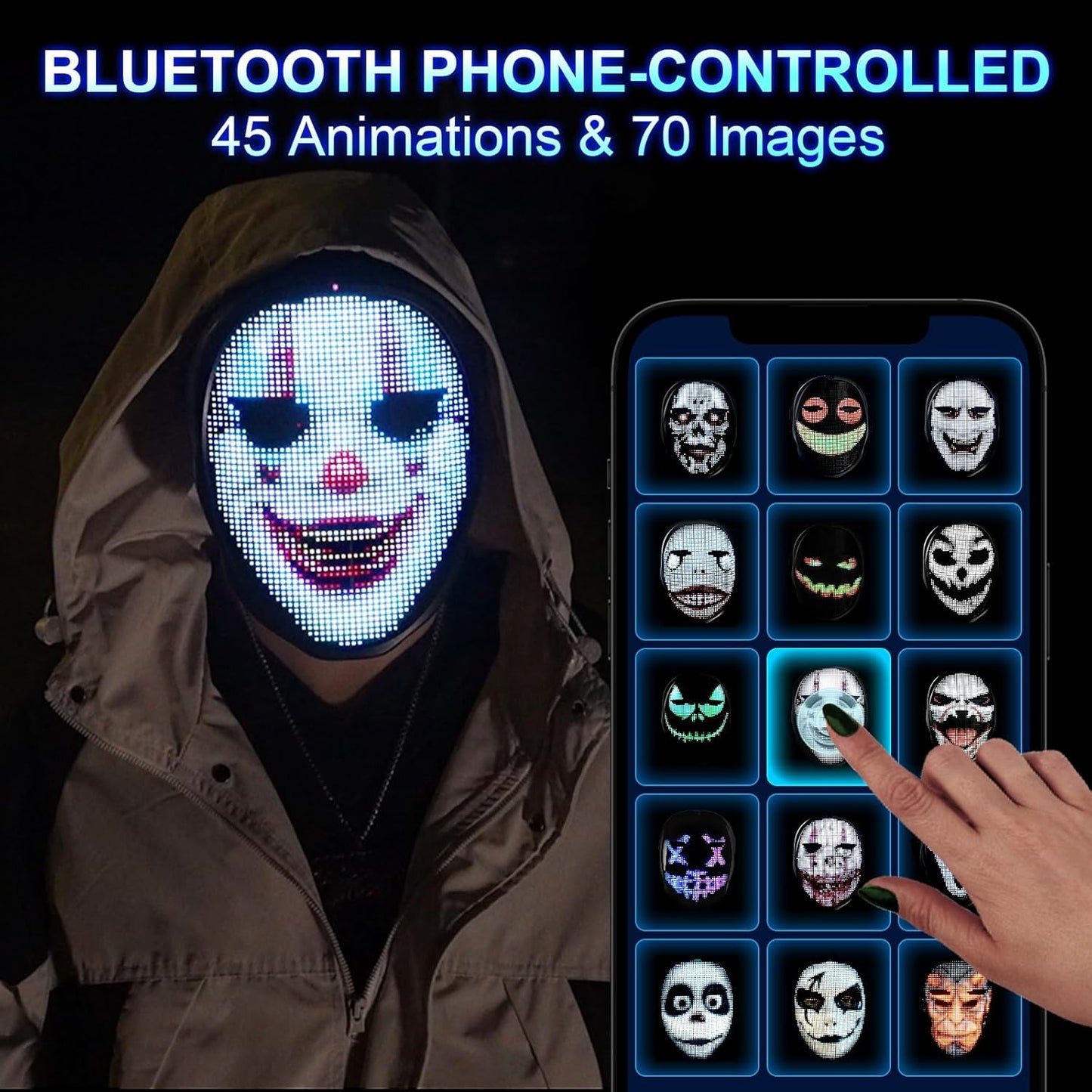 Face Transforming LED Mask with Bluetooth Programmable - LED Light Up Halloween Mask Digital Luminous Mask for Costume