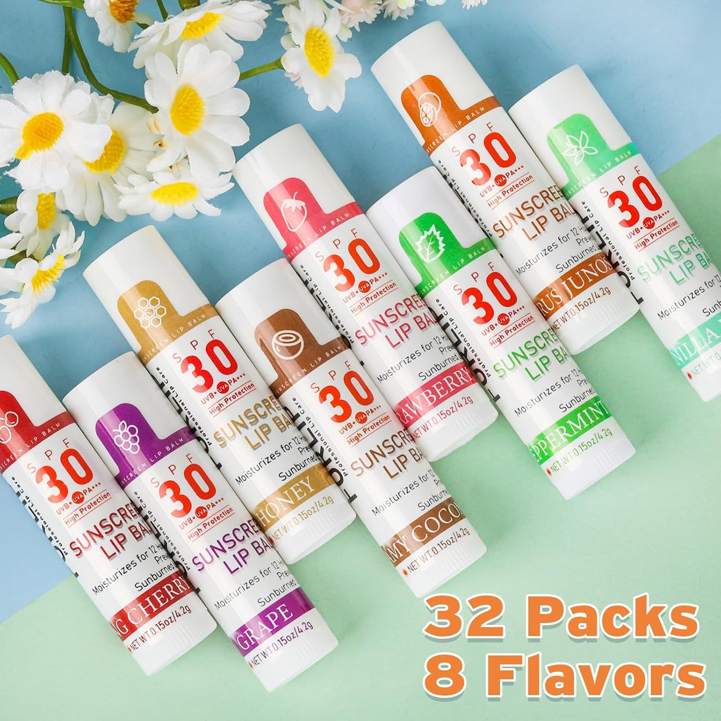 SPF 30 Lip Balm with Sunscreen, SPF Lip Balm Bulk Travel Size-32 Pack, Hydrating Lip Balm Pack with Vitamin E and Coconut Oil- 8 Flavors