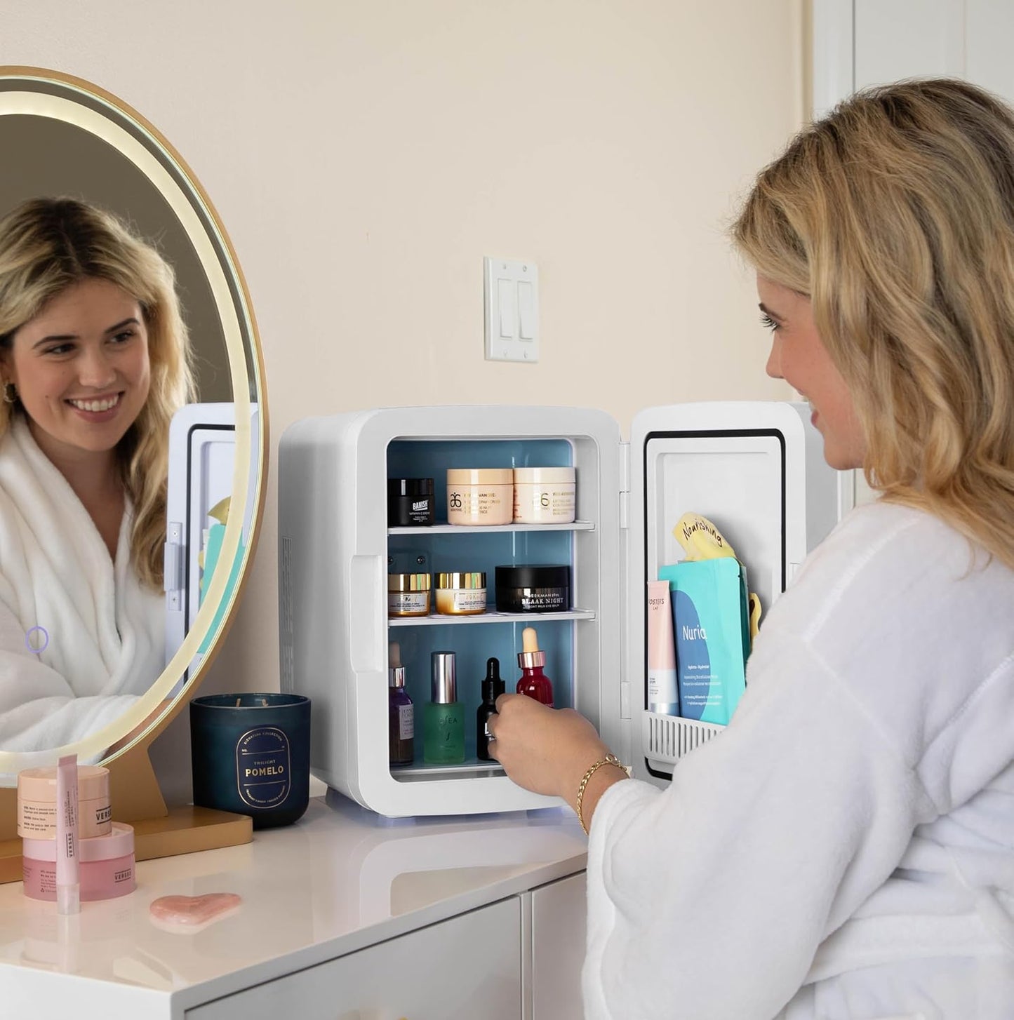 Cooluli 10L Mini Fridge for Bedroom - Car, Office Desk & Dorm Room - 12v Portable Cooler & Warmer for Food, Drinks, Skincare, Beauty & Makeup - AC/DC Small Refrigerator with Glass Front, Green Pattern