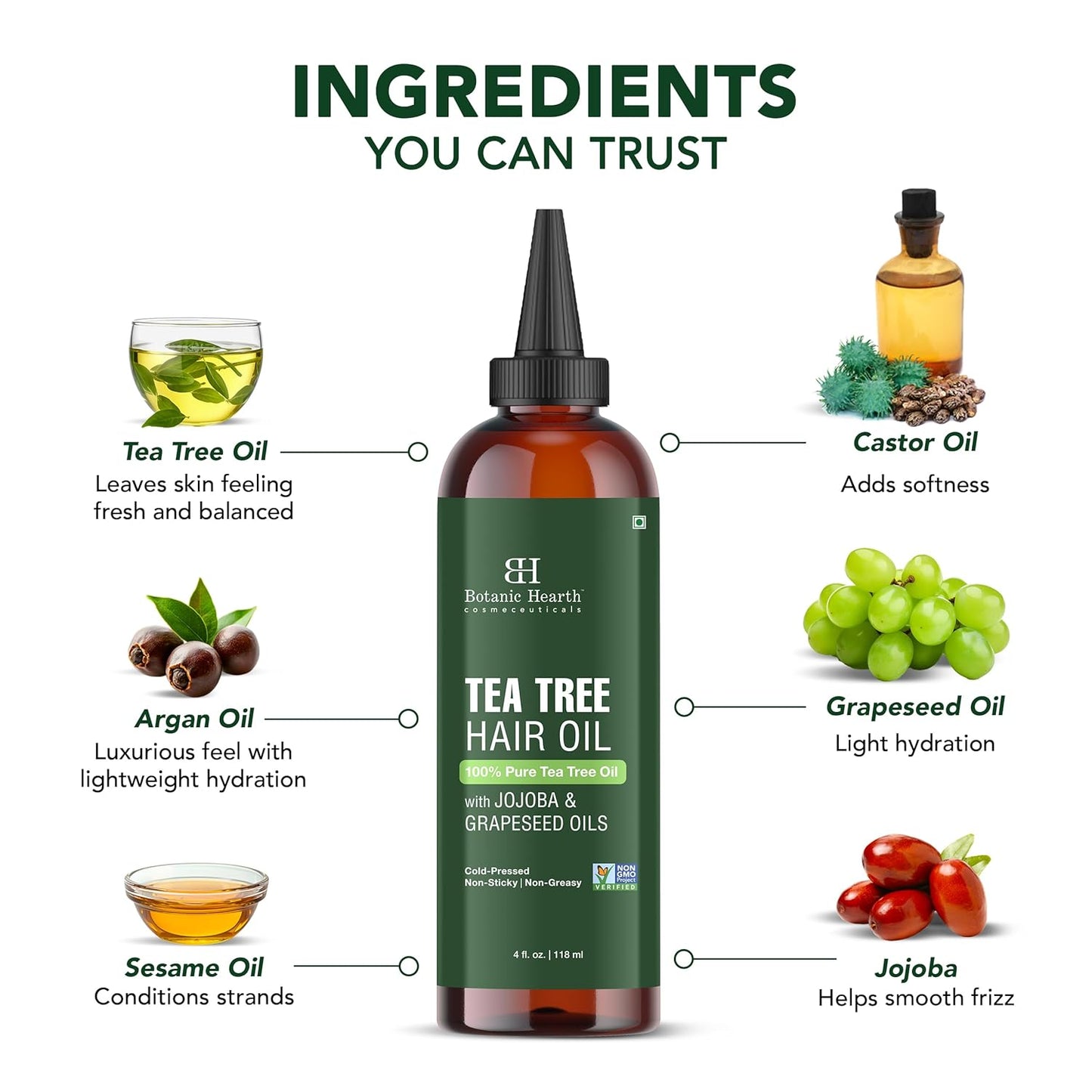 Botanic Hearth 100% Pure Tea Tree Oil (4 Fl Oz) | With Jojoba & Grapeseed Oils | Soothes Itchy Scalp & Fights Dandruff | Hair Oil Repairs Dry Damaged Hair, Strengthening, Healthier Hair- Hair Tonic