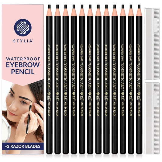 Stylia Waterproof Eyebrow Pencils For Women – Long-Lasting Microblading Supplies Brow Pencil, Perfect for Eyebrow Shaper, Filling & Defining Natural-Looking Brow - (12PC Black)