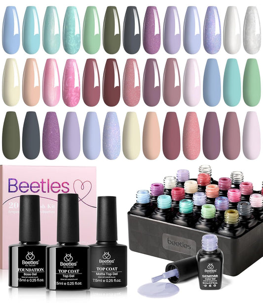 Beetles Neutral Gel Nail Polish Set – Healing Elixir Gel Nail Polish Kit, 20 Colors Pink Blue White Green Pearl with Base Coat Matte Glossy Top Coat for DIY Manicure Gift for Women | alldaygood beauty