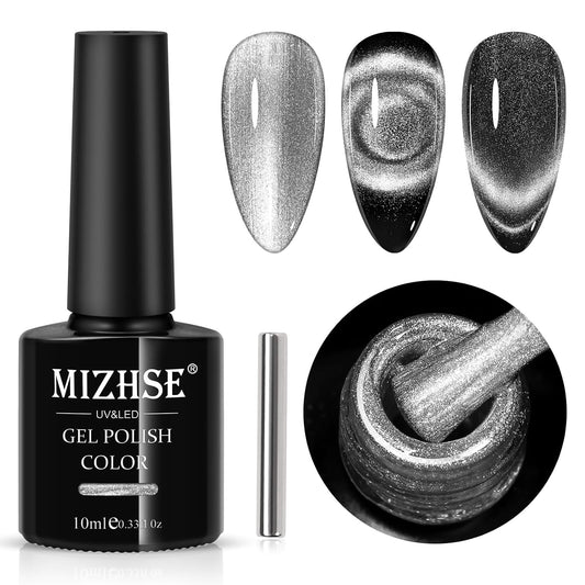 MIZHSE 9D Cat Eye Gel Nail Polish, Silver Magnetic Gel Polish with Magnet Stick, Magic Shimmer Galaxy Effect Holographic Glitter Silky Cat Eye Nail Polish Soak Off Nail Art Salon Manicure DIY at Home | alldaygood beauty