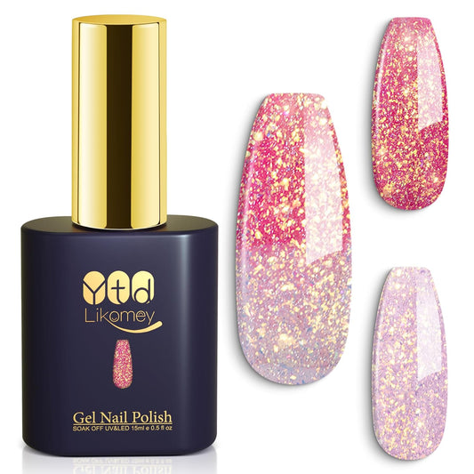 YTD Likomey Color Changing Gel Nail Polish,Brocade Glitter 15ml Light Pink To Peach Red Shimmer Glitter Mood Temperature Change Colors Iridescent Flakes Fall Winter Ombre Thermal UV Nail Gel,WB341 | alldaygood beauty