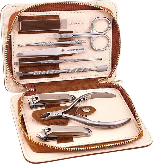 9 in 1 Professional Manicure Pedicure Set - Stainless Steel Nail Clippers, Nano File, Cuticle Nipper, Scissors, Tweezers, Travel PU Leather Case for Men & Women - Gift Ready (Brown) | alldaygood beauty
