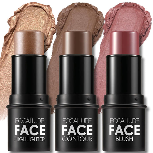 FOCALLURE 3 Pcs Cream Contour Sticks,Shades with Highlighter & Bronzer & Blush,Non-greasy Long-wear Face Contouring Pen,Easy to Sculpt the Face and Create a Lightweight Finishing Makeup,MEDIUM-DEEP | alldaygood beauty