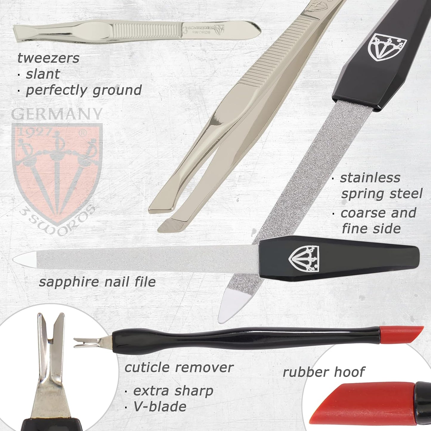 3 Swords Germany – brand quality 8 piece manicure pedicure grooming kit set for professional nail care with synthetic leather case ostrich cognac - Made in Germany