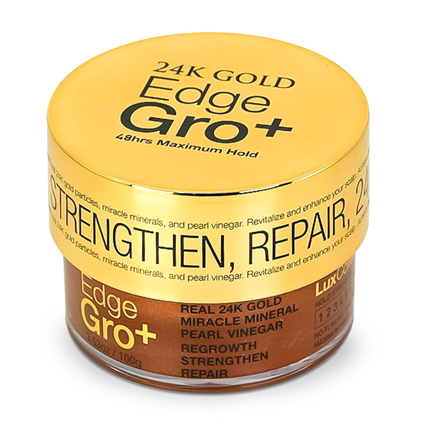 Edge Lux Edge Gro+ Real 24K Gold Repairing Edge Control Gel with Castor Oil, Biotin, Miracle Mineral, and Pearl Powder - Strengthening Hair Gel for All Hair Types, 3.53 Ounce