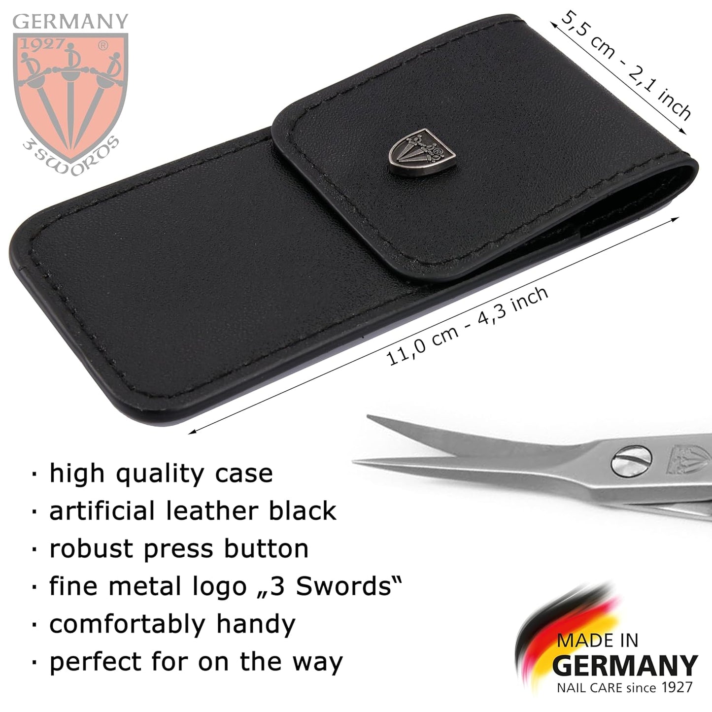 3 Swords Germany - brand quality STAINLESS STEEL INOX CURVED CUTICLE TOWERPOINT SCISSORS (1 PIECE) with case for manicure pedicure - nail care by 3 Swords - Made in Germany