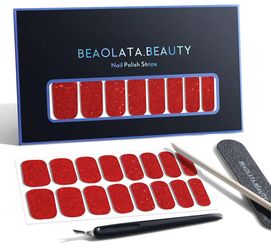 Nail Polish Strips, 32PCS Salon Quality Wraps, Long Lasting Gel Nail Stickers for Women Easy Apply& Remove (Red Velvet Ribbon Glitter)