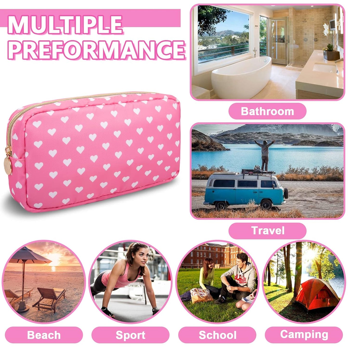 Small Makeup Pouch for Purse，Nylon Travel Toiletry Storage Cute Preppy Cosmetic Bag for Women Girls，Waterproof Makeup Organizer Pouch Skincare Purse with Zipper (Small-Pink Heart)