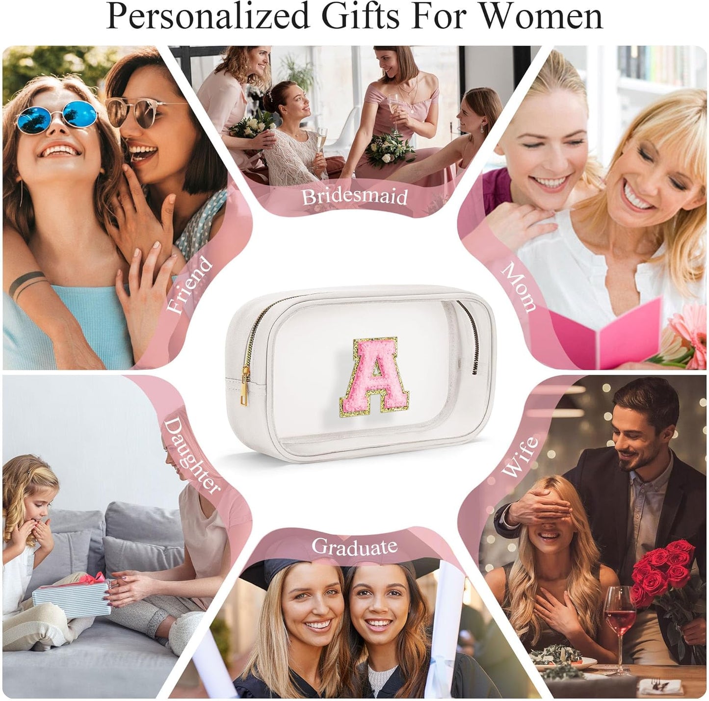 YOOLIFE Initial Make Up Bag Travel Toiletry Bag, Clear Makeup Bag Preppy Cosmetic Bags Organizer Travel Essentials Gifts for Women Teen Girlfriend Teacher Mom Brithday Mothers Day Gifts, Large, White