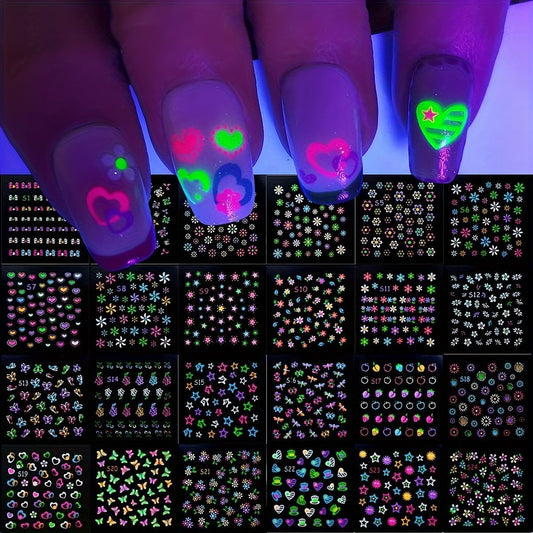 Fluorescence 30 Sheets Flowers Nail Stickers 3D Self-Adhesive Nail Art Charms Sticker Decals for Crafts Supplies Accessories (ST-N) | alldaygood beauty