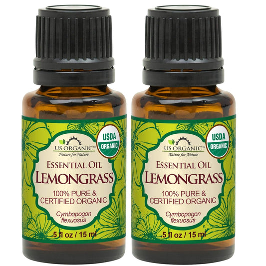 US Organic 100% Pure Lemongrass Essential Oil, USDA Certified Organic, Extracted by Steam Distillation Method, for Hair, Nail Polish Remover, Bees Attraction, and More. 15 ml, Value 2 Pack | alldaygood beauty