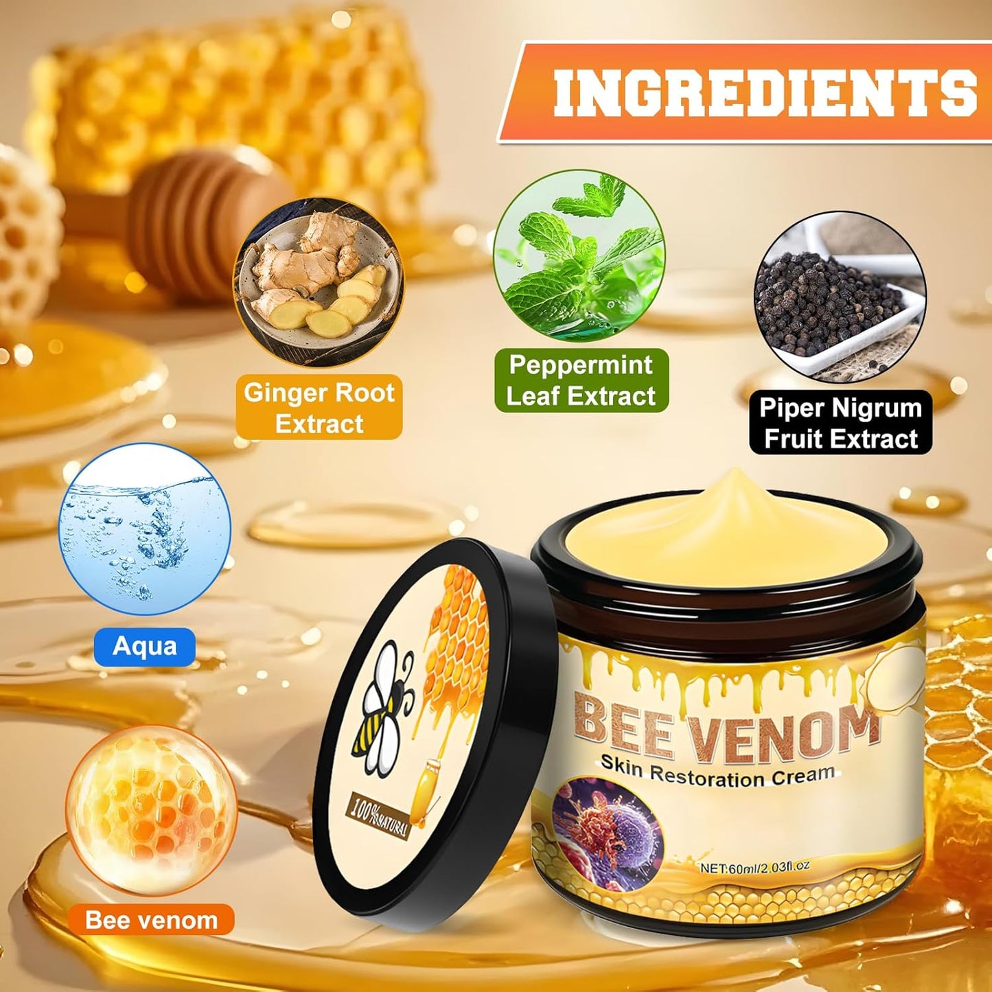 Bee Venom Skin Restoration Cream,Professional Bee Venom Skin Treatment Cream,Bee venom Comprehensive cream,Effectively Firms skin and Anti-Wrinkle Moisturizing (2Pcs)