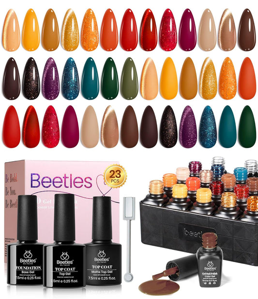 Beetles Fall Gel Nail Polish Colors Set - Amber Twilight 20 Colors 2025 Yellow Orange Red Cat Eye Brown Green Soak Off Uv Manicure Kit With Base Glossy Matte Top Coat Gift for Women | alldaygood beauty