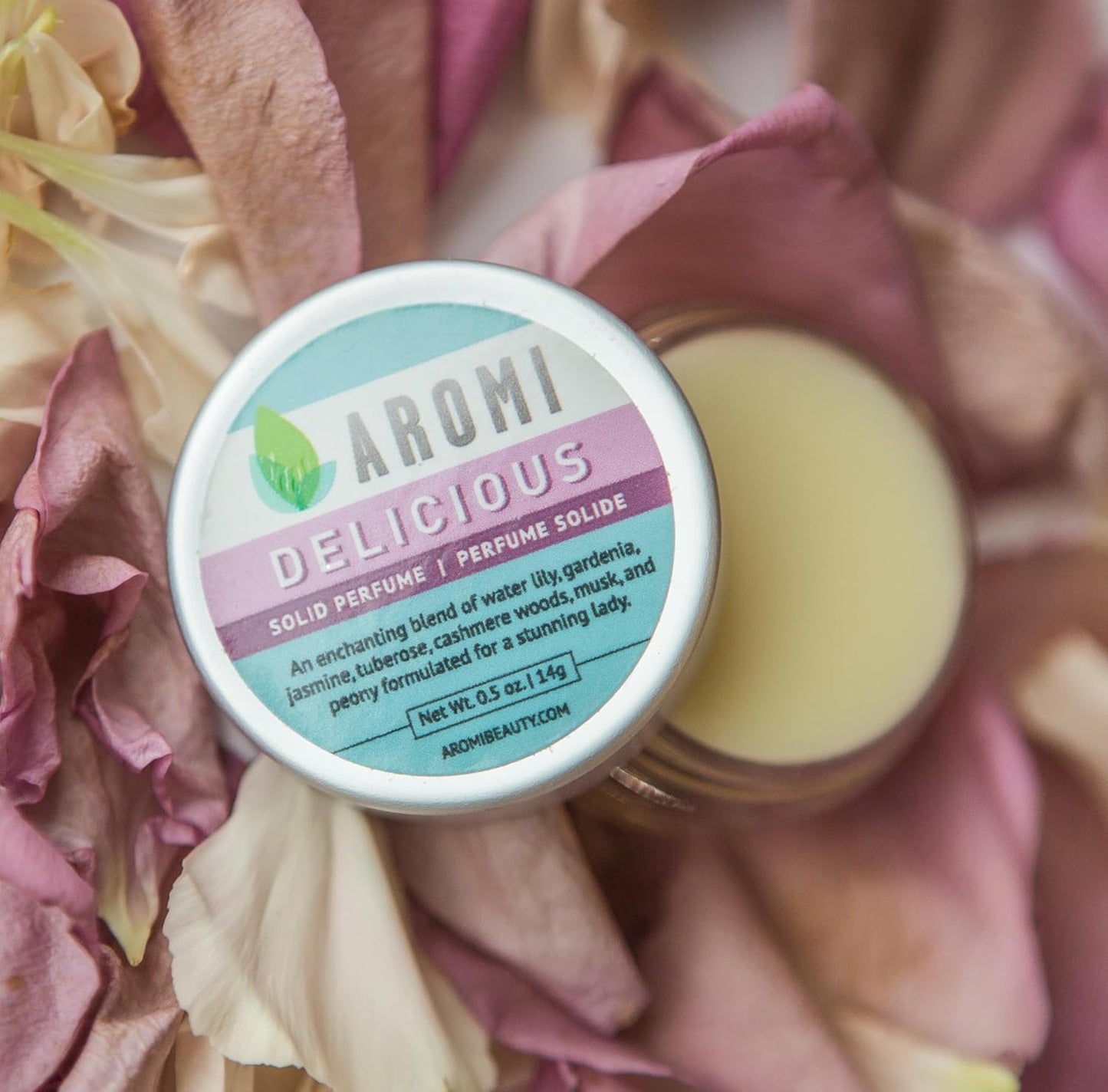 Aromi Delicious Solid Perfume | Honeysuckle, Tuberose, and Gardenia Fragrance, Vegan, Cruelty-free, Wax Scent, Travel, Women's Gift, Handmade (Delicious)