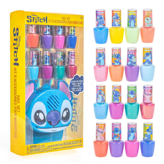 Townley Girl Disney Stitch 16 Piece Water-Based Nail Polish with Nail Dryer, Peel-Off Nail Polish with Water, Shimmer and Opaques Colors, AA Batteries Not Included, Ages 3