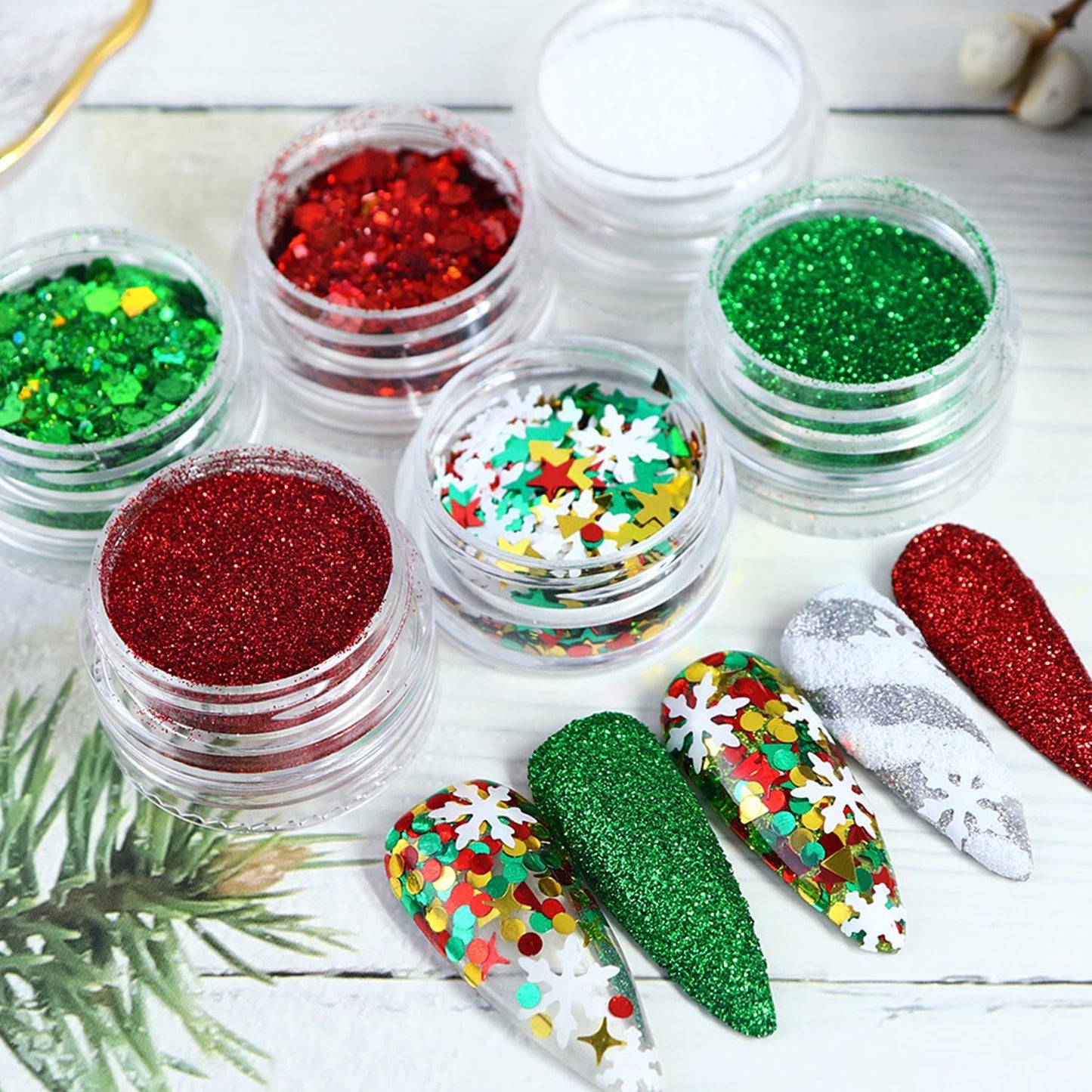 Snowflake Nail Art Glitter Christmas Nail Sequins Flakes, 3 Colors Manicure fine Glitter Powder, 3D Holographic White Green Red Winter Nail Stickers Decals Supplies Nail Charms for Women Girls 6 Box