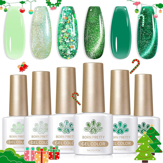 Born Pretty Christmas Green Gel Nail Polish,Jelly Transparent Gel Nail Polish, Cat Magnetic Eye,Shimmer Glitter Holographic Green Gel Polish Kit for Salon Manicure and Nail Art DIY at Home 6PCS 7ml | alldaygood beauty