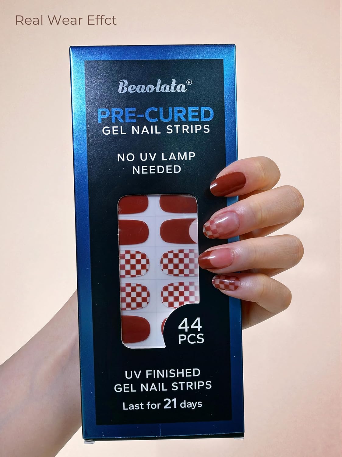 Pre Cured Gel Nail Strips - 44PCS Salon Quality Gel Nail Stickers - Long Lasting Polish Wraps for Women no UV Light Needed Easy Apply& Remove (Chestnut Brown）